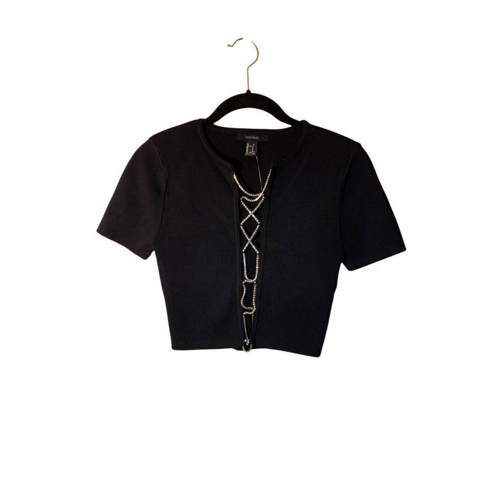 NWOT Forever 21 Chain Rhinestone Open Front Stretch Knit Top Size Sm